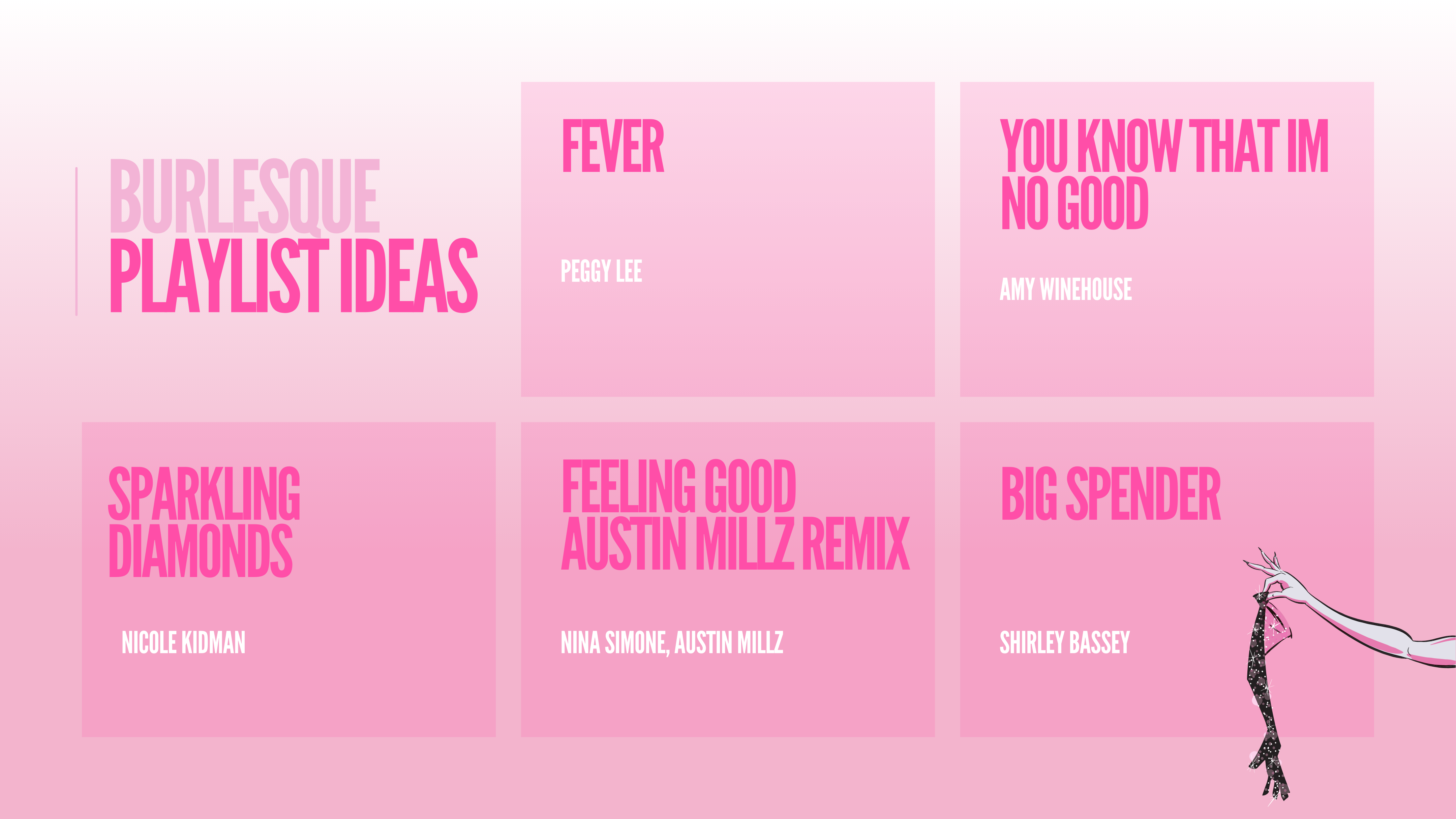 Burlesque playlist ideas: Fever by Peggy Lee, You Know That I Am No Good by Amy Winehouse, Sparkling Diamonds by Nicole Kidman, Feeling Good by Nina Simone, Big Spender by Shirley Bassey