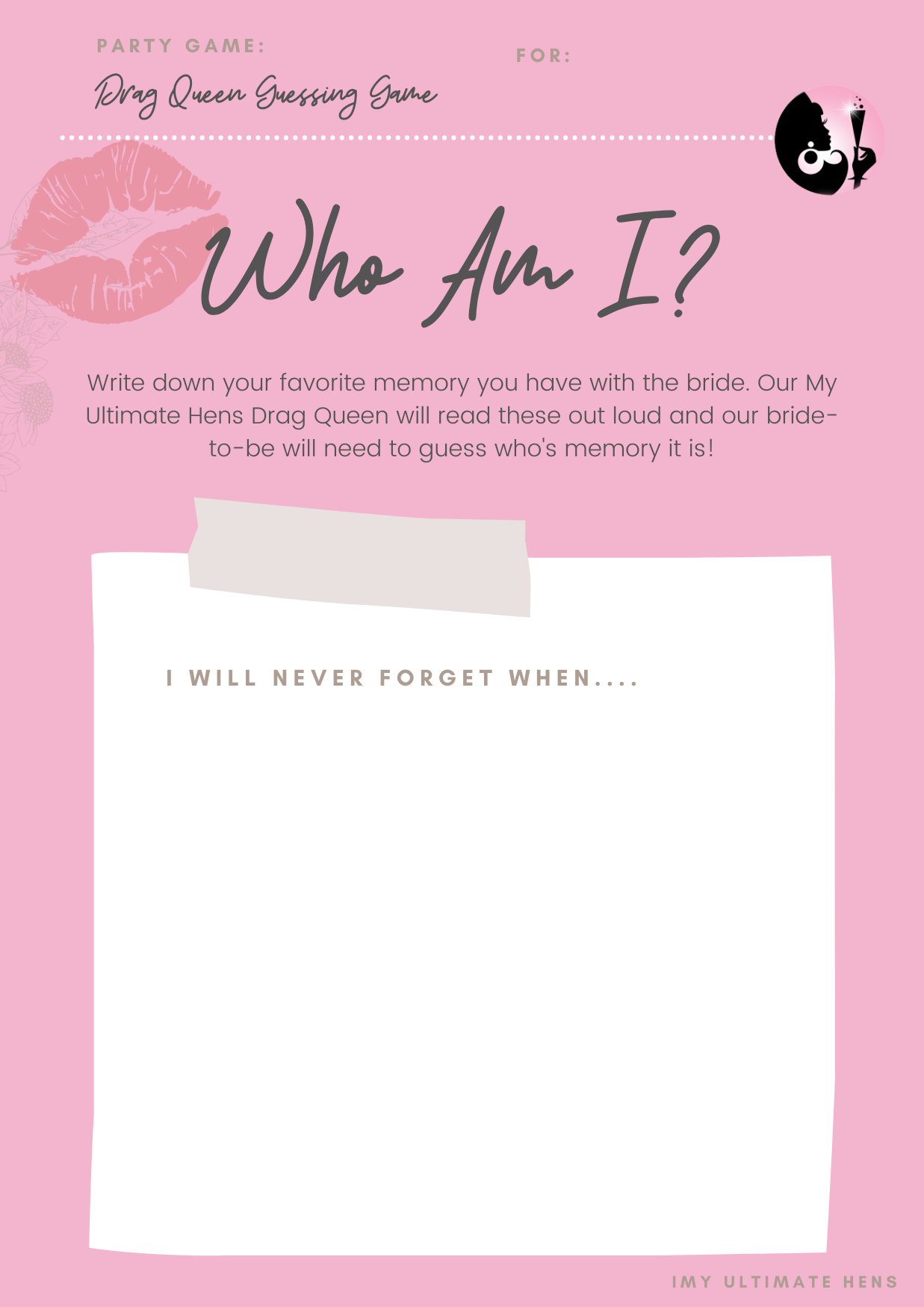 Guessing Game for Drag Queen at a Hens Night, Printable and Downloadable Template