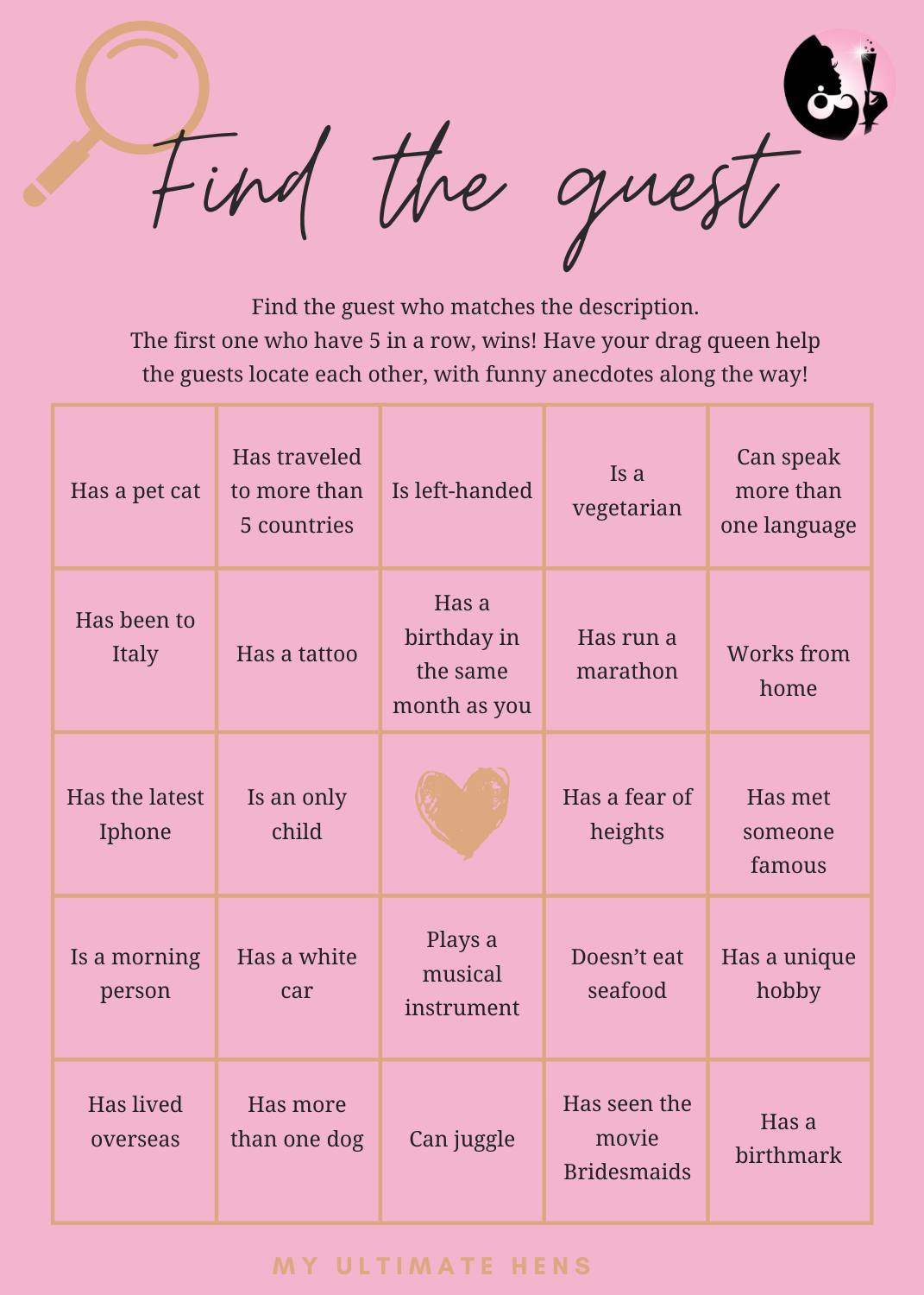 A Hens Party Game Downloadable Called Find The Guest At The Party Downloadable and Printable For The Bridesmaids