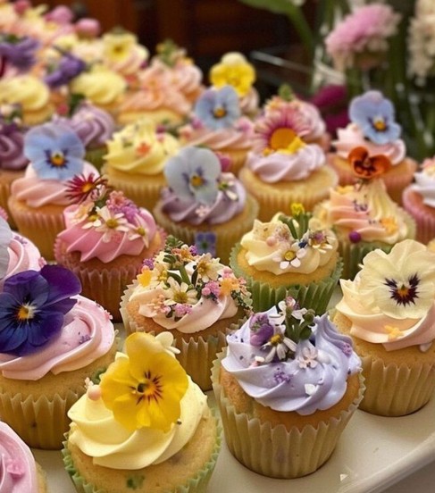 Cupcakes topped with pastel icing and edible flowers