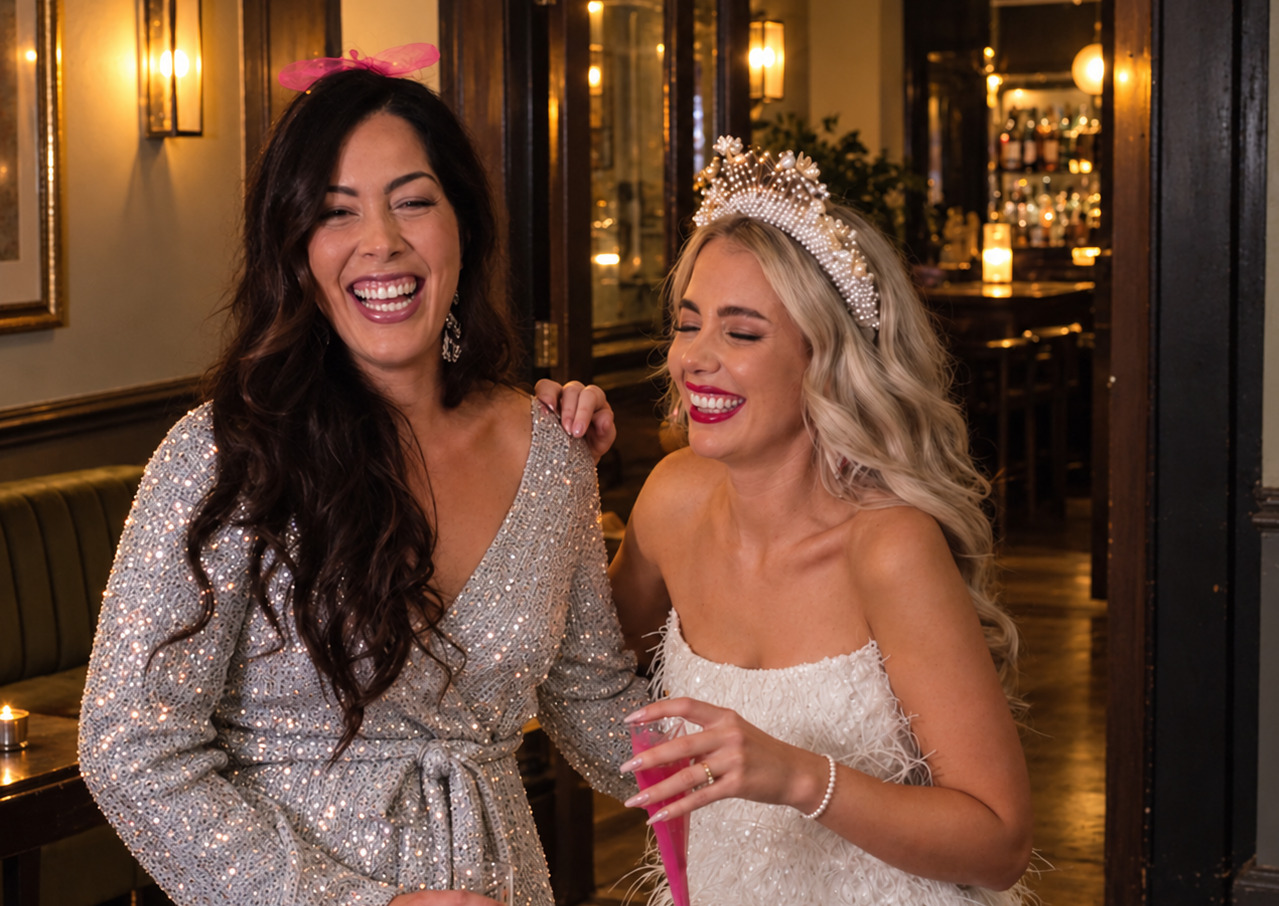 A bride to be in a pearl crown laughing with a friend in sequins at a cocktail bar