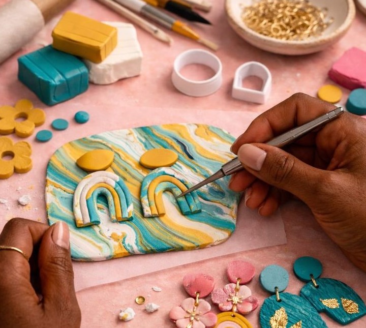 Hands shaping rainbow clay earrings on a marbled slab, with finished earrings beside it