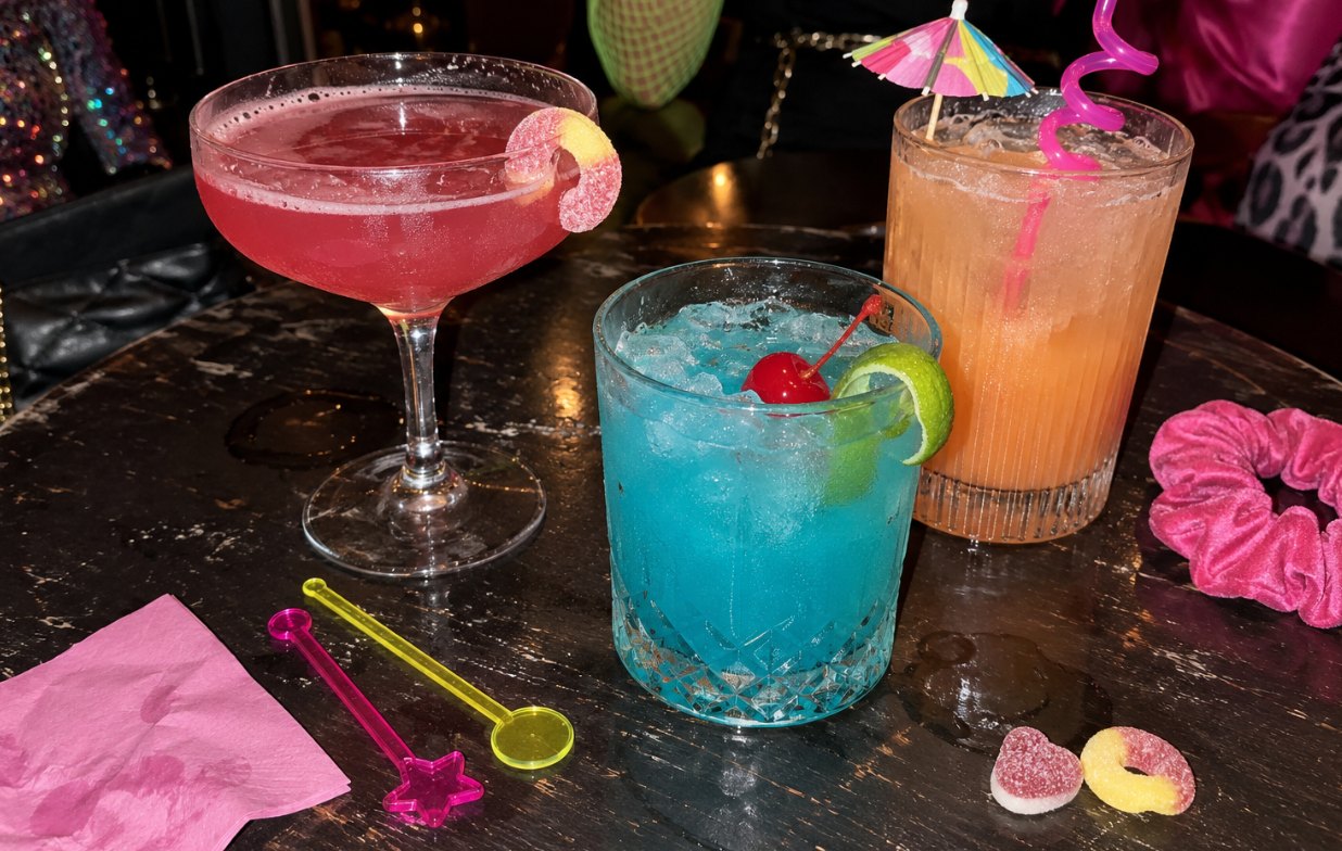 Three bright cocktails on a dark bar table: pink, electric blue and an orange cooler with a paper umbrella