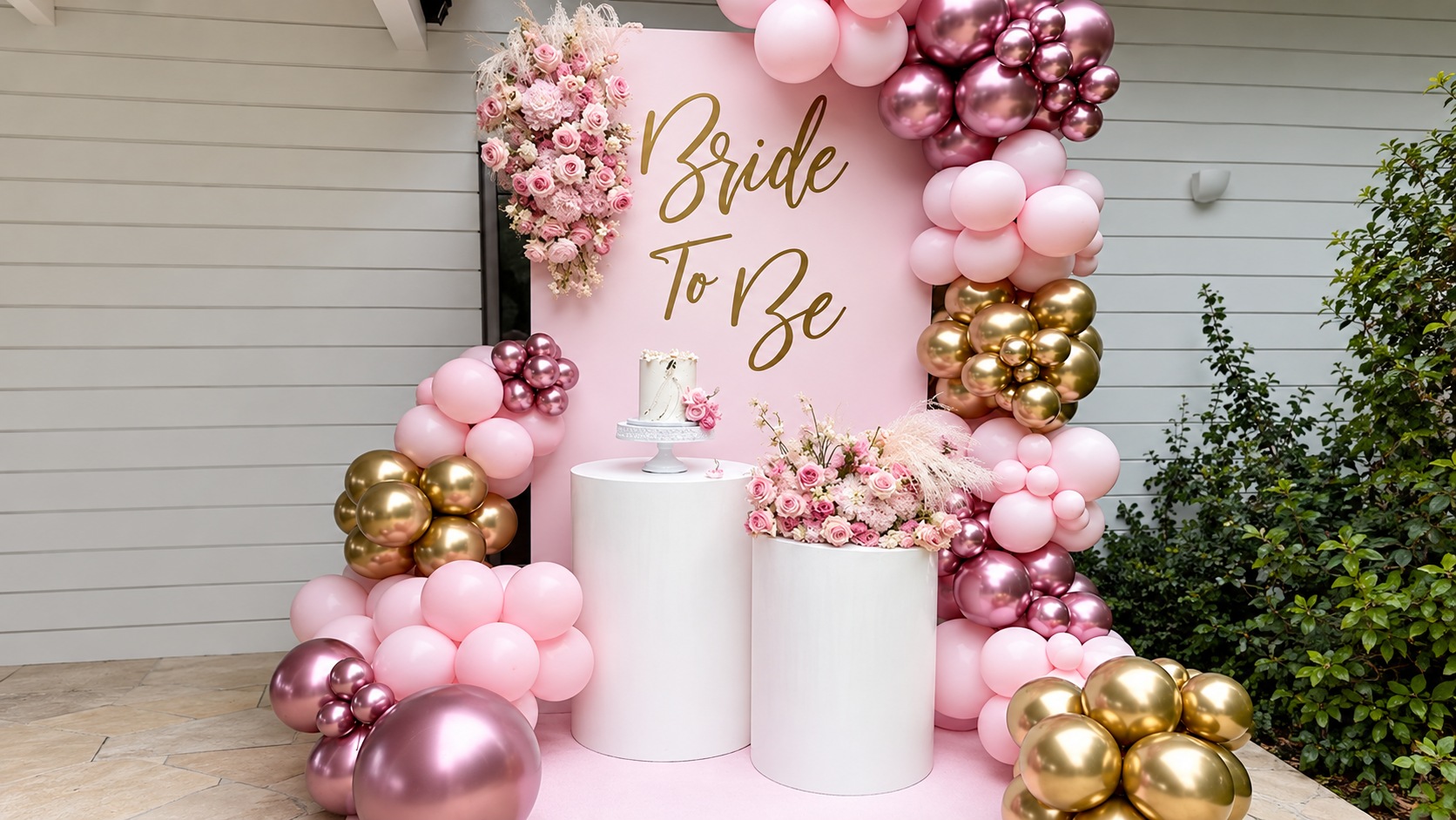 A Bride To Be balloon arch in pink and gold with a cake on a white plinth