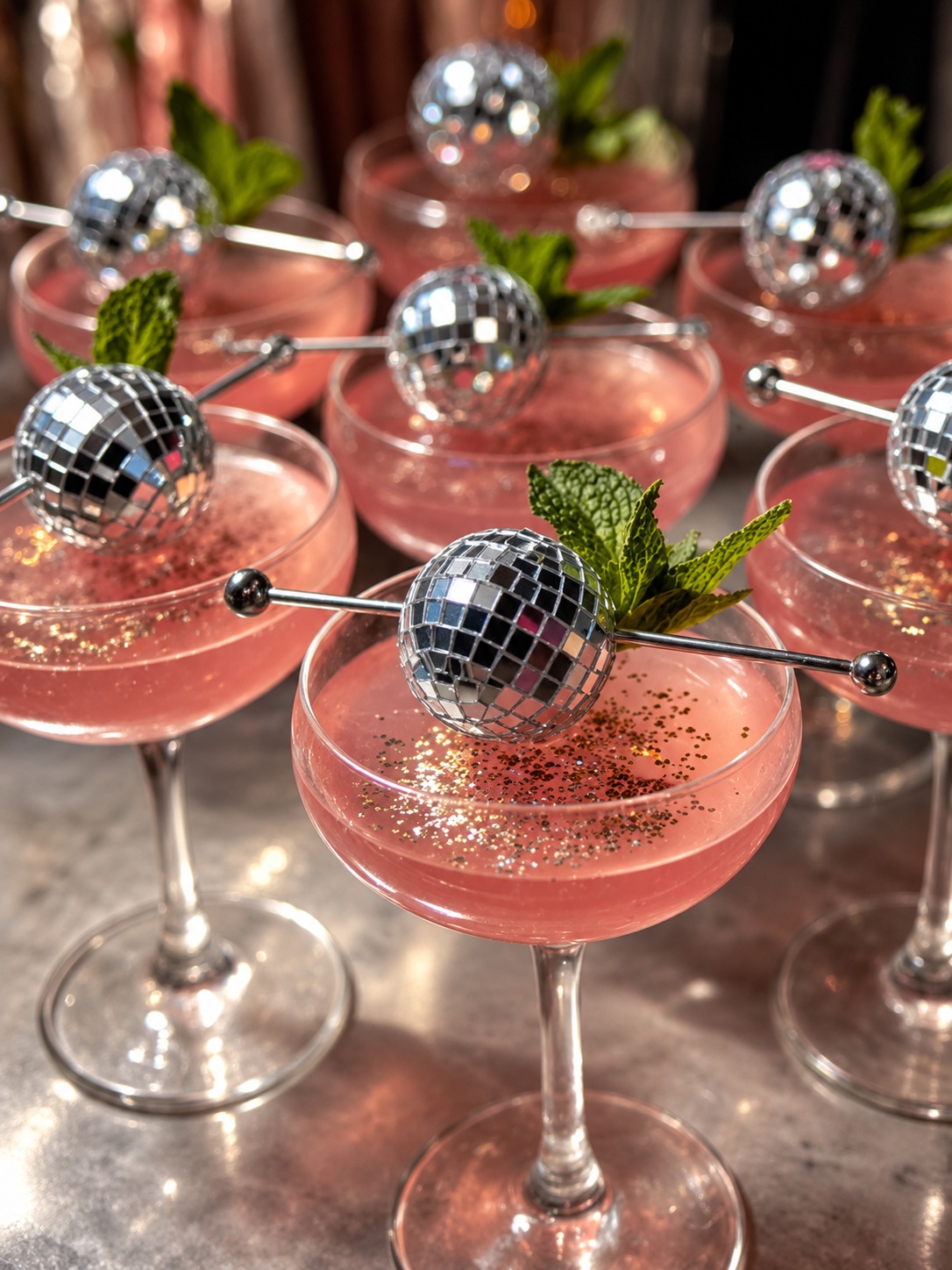 Pink martinis garnished with tiny mirror balls and mint