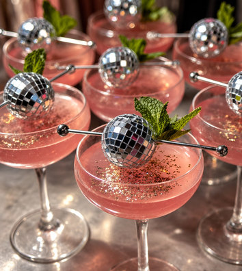 Pink cocktails garnished with mini disco balls