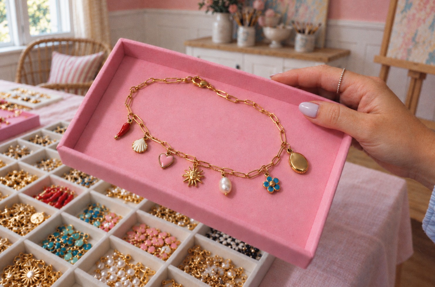 A finished gold charm bracelet with a shell, a heart, a sun, a pearl, a flower and a locket, held up on a pink velvet tray