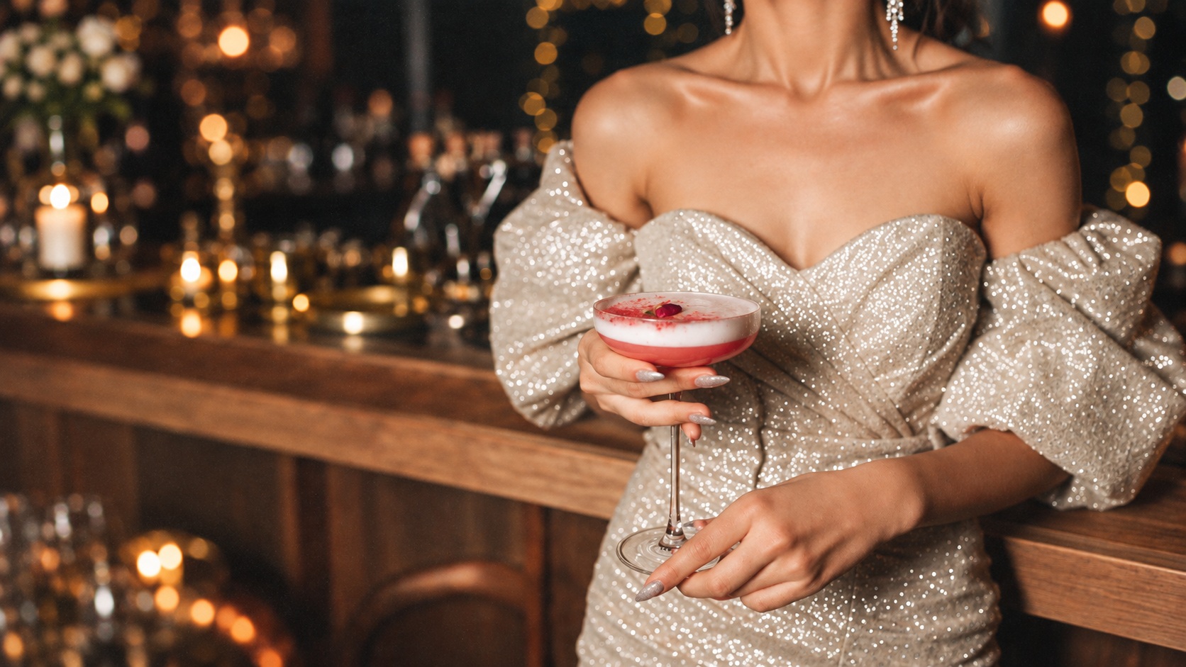 A woman in a gold sequin dress holding a pink cocktail at a warmly lit bar