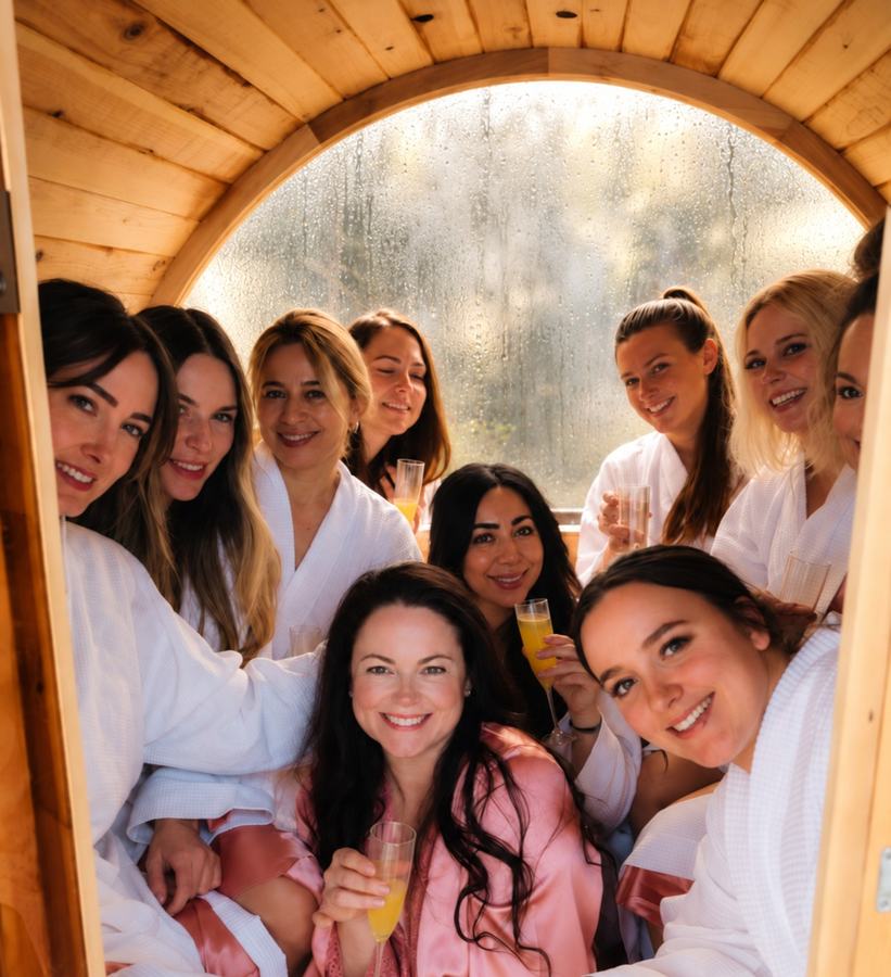 A hens group in white robes laughing together in a round-window sauna cabin