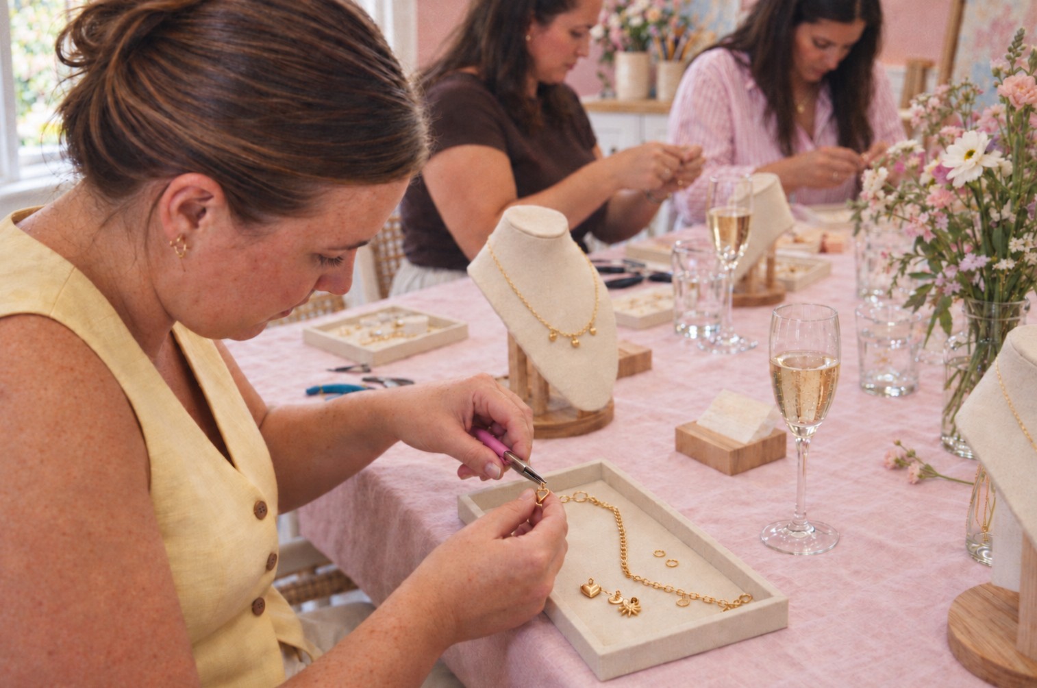 Friends at a long pink table fix gold charms onto necklaces, with glasses of bubbly and jewellery busts beside them