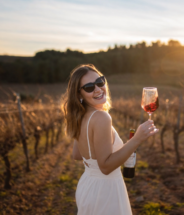 A hen in a white sundress and sunglasses holding a glass of rose and a bottle among the vines at golden hour