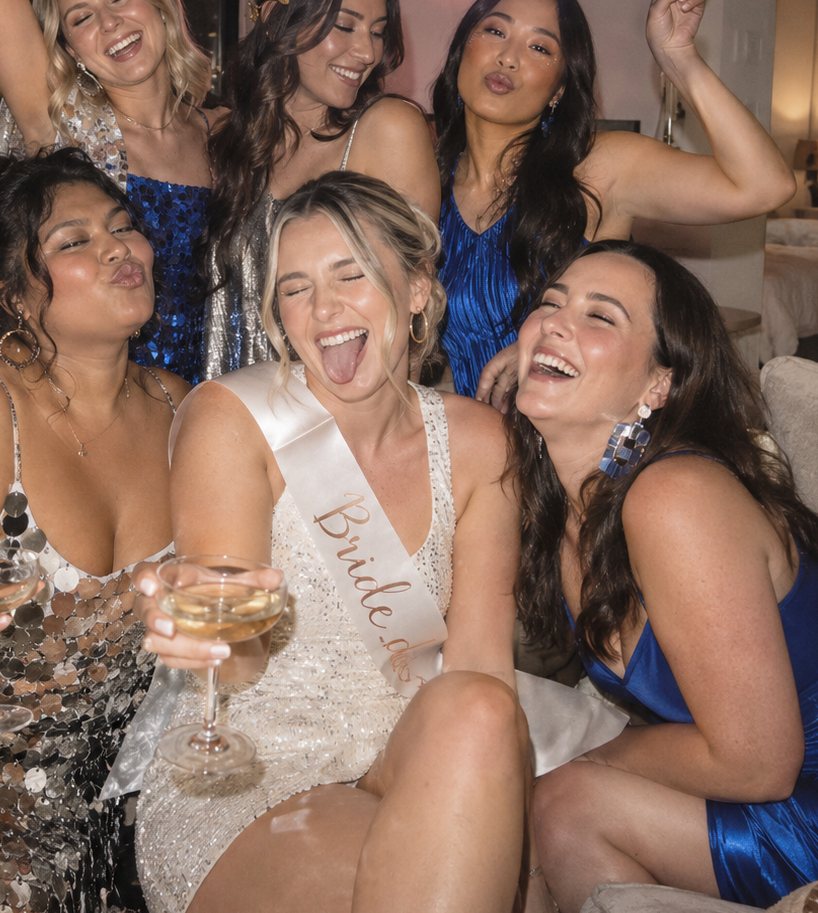 A bride in a sash laughing with her hens in blue sequins