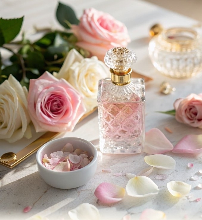 A crystal perfume decanter of pale pink scent among pink and white roses