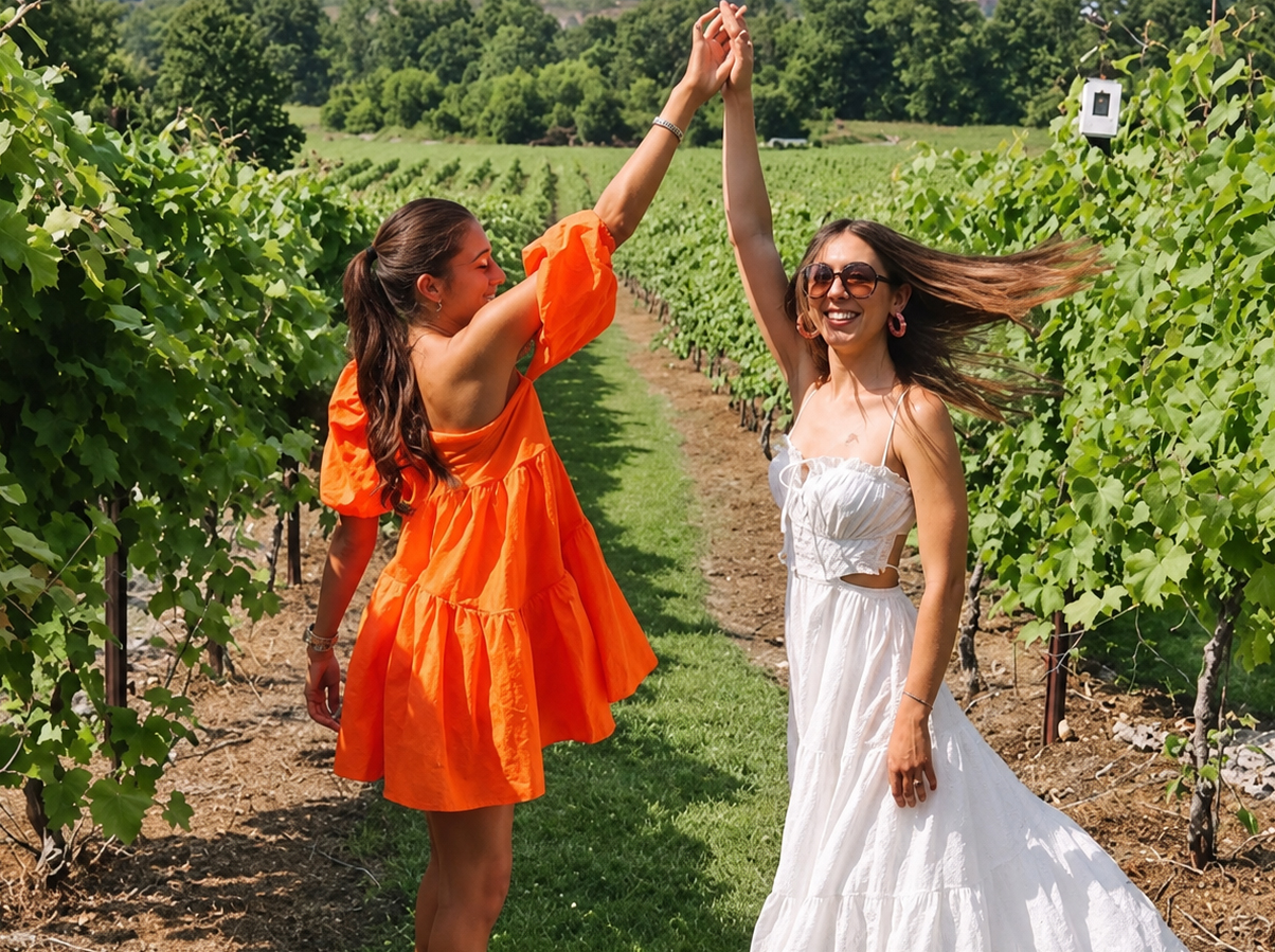 Two friends, one in orange and one in a white dress, dancing hand in hand between rows of vines