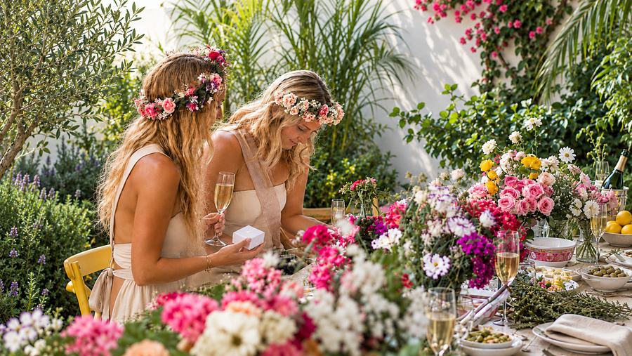 Two friends in flower crowns beside a garden table set with roses