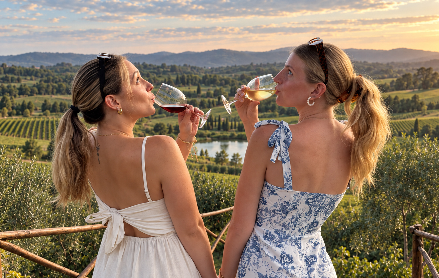 Two friends sipping wine at a lookout over the vineyards at sunset