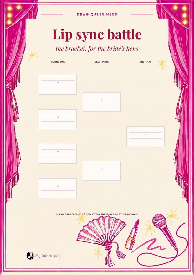 Lip sync battle printable: a tournament bracket with a song for every match, framed by raspberry stage curtains