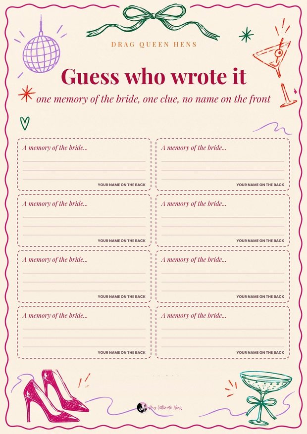 Guess who wrote it printable: eight memory slips about the bride on a cream card with hand-drawn heels, a disco ball and a coupe