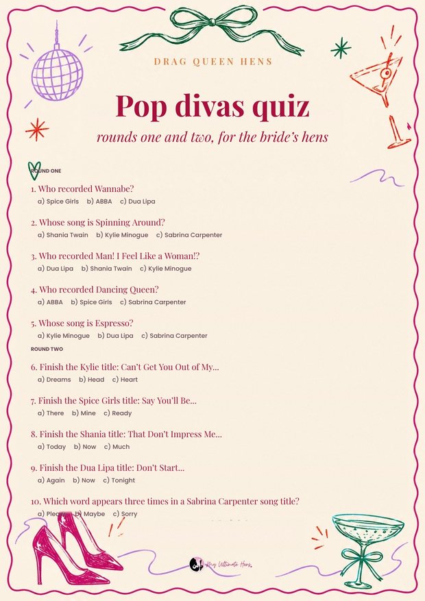 Pop divas quiz printable: twenty questions in four rounds on a cream card with hand-drawn doodles
