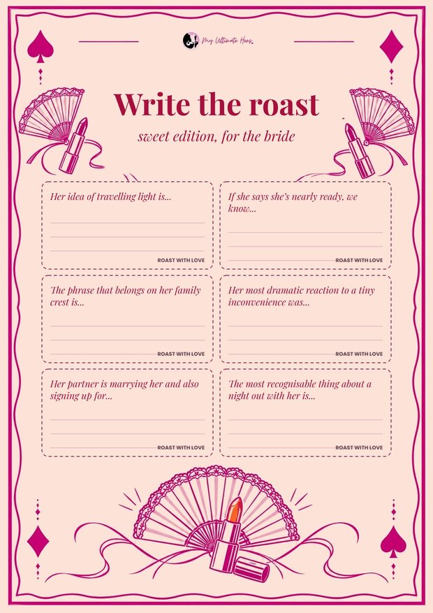 Write the roast printable: six affectionate roast cards for the bride on a blush playing card design with fans and lipsticks
