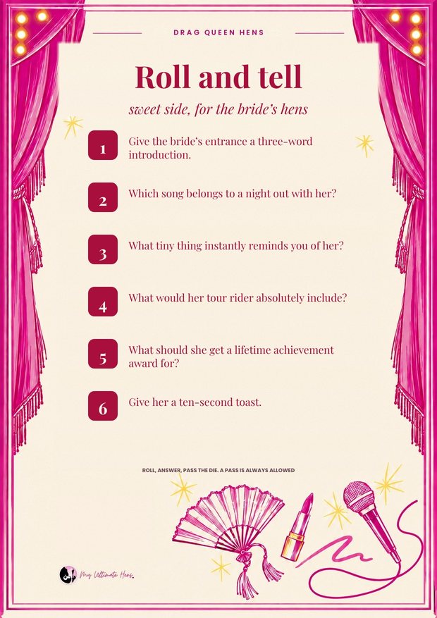 Roll and tell printable: six numbered prompts on a cream card framed by raspberry stage curtains and marquee lights