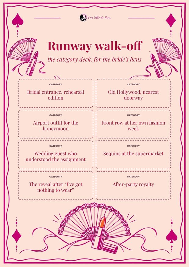 Runway walk-off printable: eight category cards to cut out on a blush playing card design