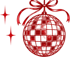 Hand-drawn red disco ball hanging from a ribbon bow with sparkles, marking the high-energy games section