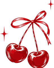 Hand-drawn red illustration of two cherries tied with a ribbon bow and sparkles, marking the sweet games section
