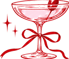 Hand-drawn pink cocktail in a coupe glass tied with a red ribbon bow and sparkles, marking the table games section