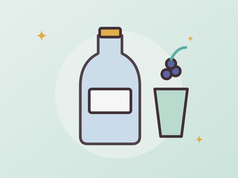 Illustration: a gin bottle, a glass and juniper berries