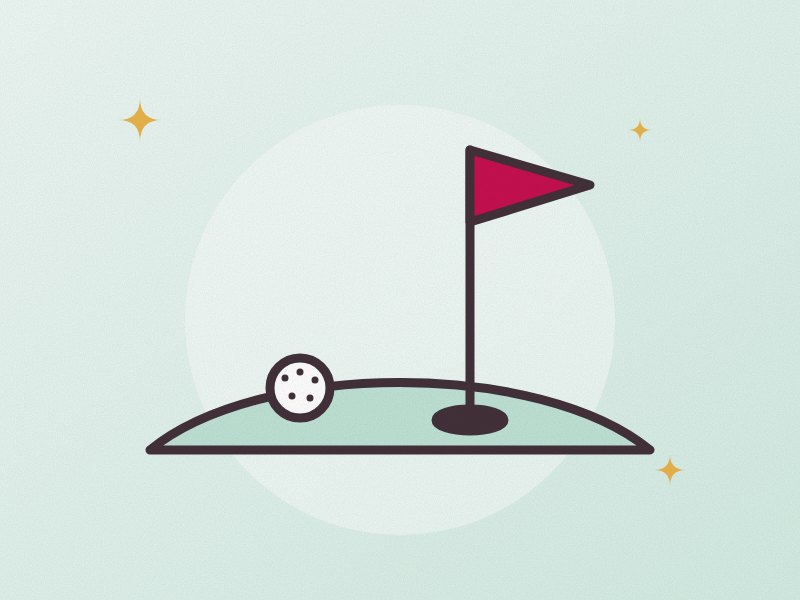 Illustration: a golf flag on a green, with a ball rolling towards the hole