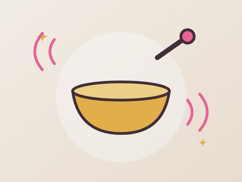 Illustration: a singing bowl with a mallet and sound waves
