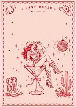 Last Rodeo invitation with a cowgirl sitting in a martini glass, cowboy boots, a cactus and a disco ball