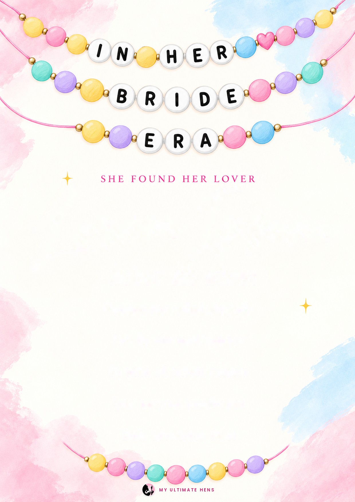 A pastel friendship bracelet invitation reading In her bride era, ready for her name