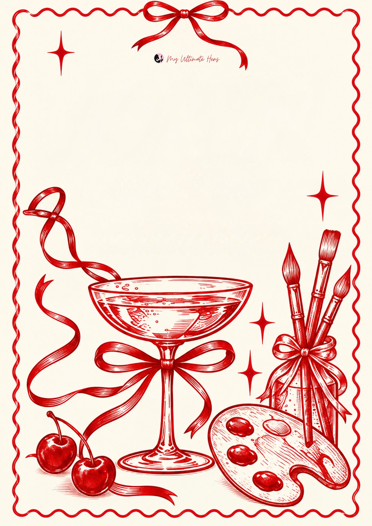 A paint and sip hens invitation in the red ribbon style, ready for her details