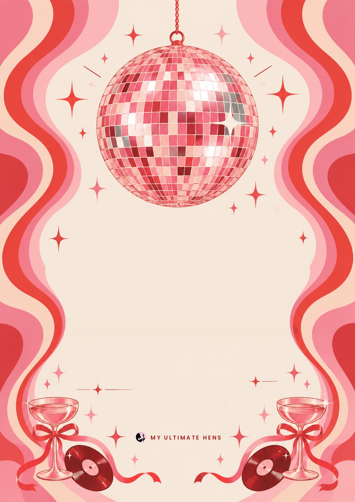 A retro pink disco invitation with a mirror ball and wavy stripes, ready for her name