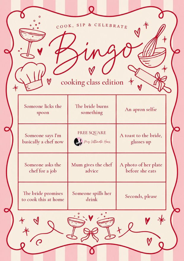 Cook, sip and celebrate bingo, cooking class edition: twelve squares like someone licks the spoon and an apron selfie, in a scalloped red frame on pink stripes