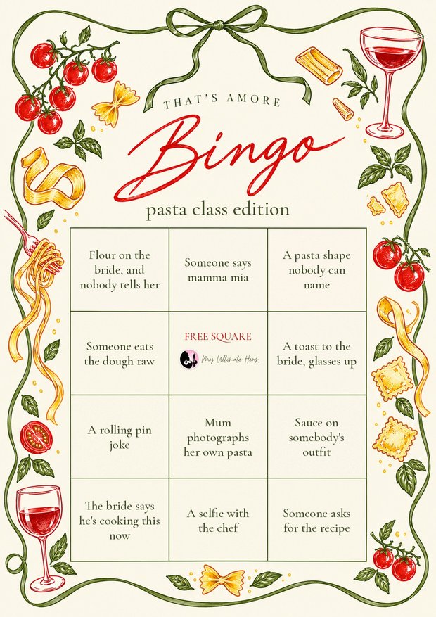 That's Amore bingo, pasta class edition: twelve squares like flour on the bride and someone says mamma mia, in a hand-drawn pasta frame