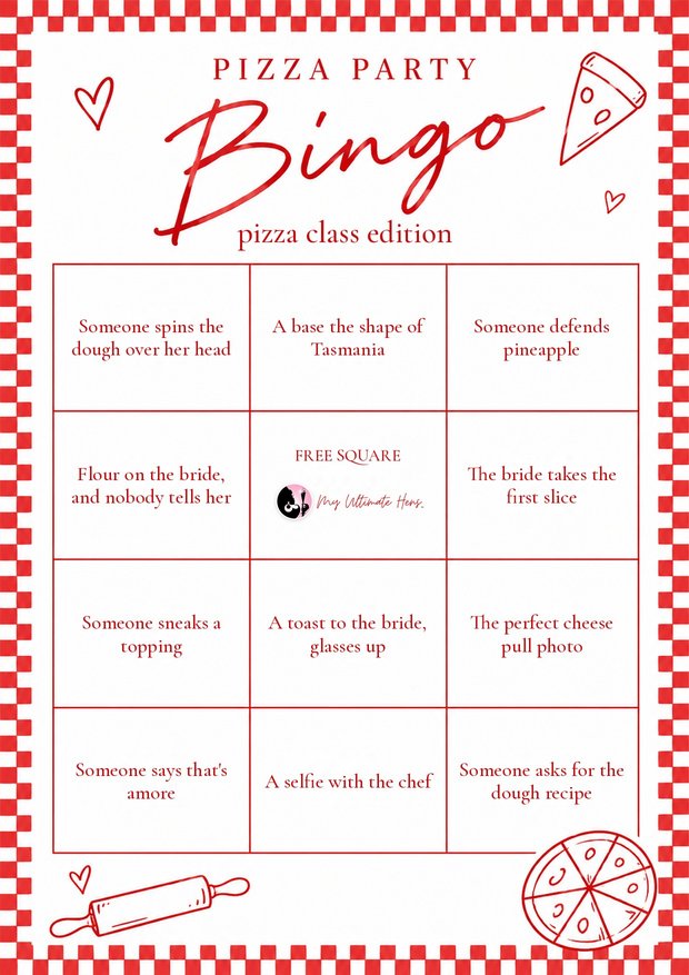 Pizza party bingo, pizza class edition: twelve squares like a base the shape of Tasmania and someone defends pineapple, in a red gingham frame
