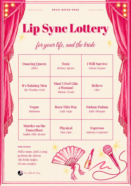 Lip Sync Lottery card with twelve anthems from Dancing Queen to Espresso