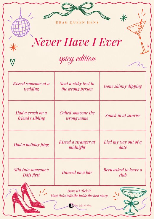 Never Have I Ever spicy edition card with twelve cheekier squares to tick