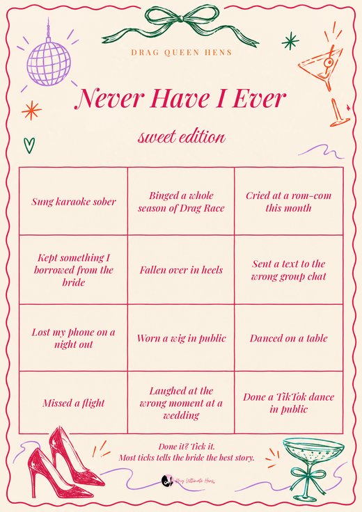 Never Have I Ever sweet edition card with twelve squares to tick, in pink on a cream card with bows, a disco ball and heels