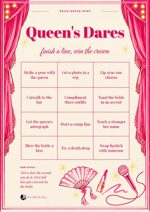Queen's Dares card with twelve cheeky dares to tick off