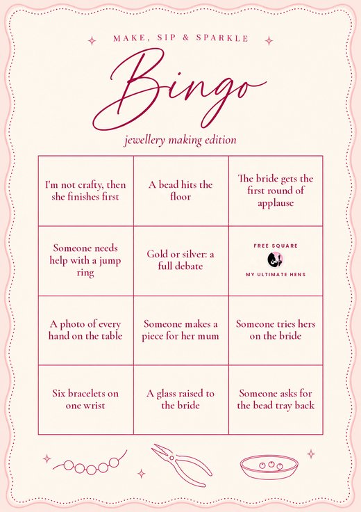 Fine line jewellery making bingo card in crimson on cream, with a drawn bead strand, pliers and bead tray