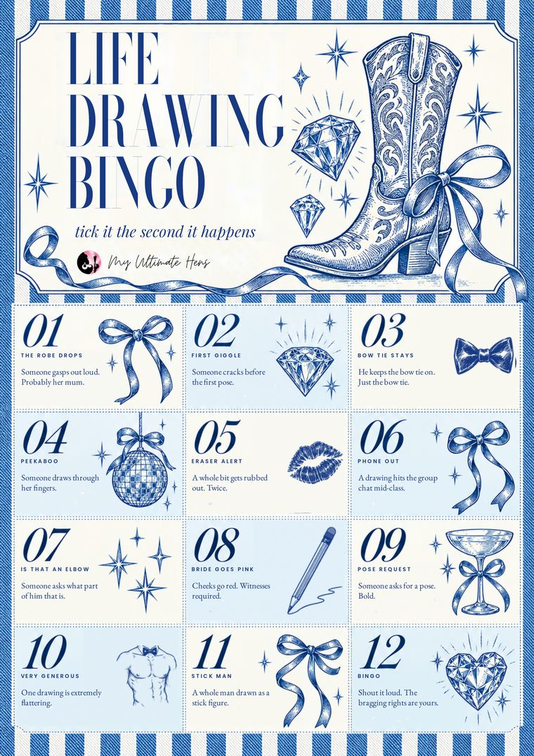 Life drawing bingo printable from My Ultimate Hens, A4 poster