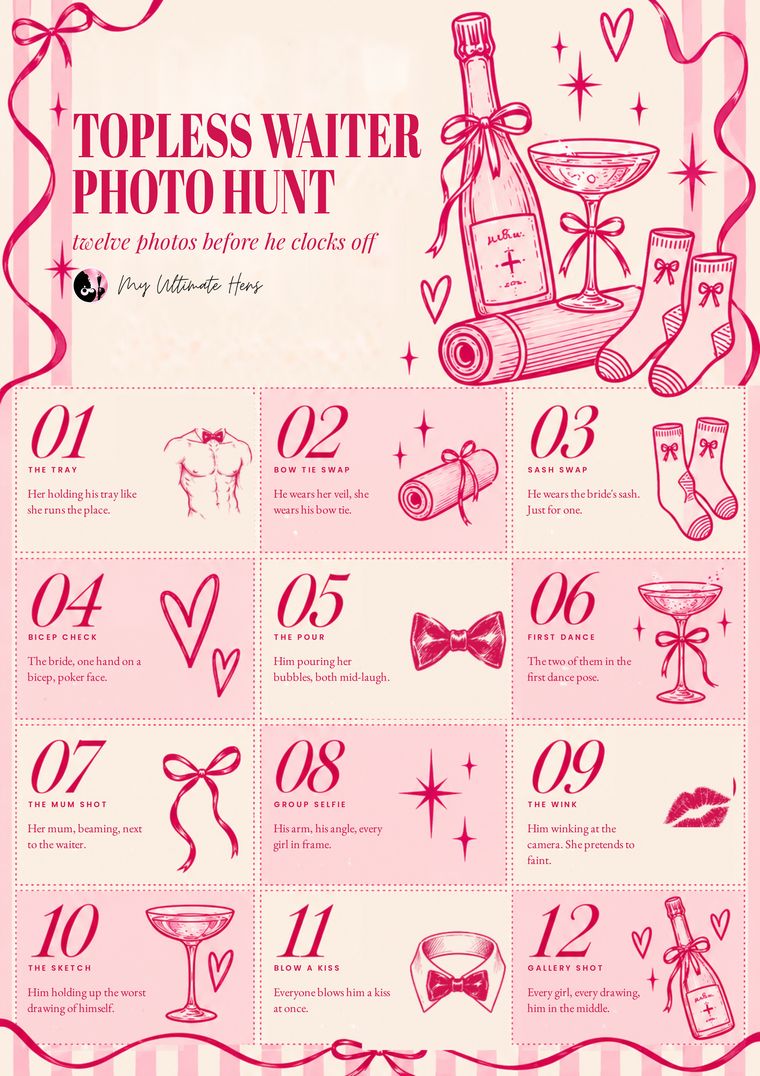 Topless waiter photo hunt printable from My Ultimate Hens, A4 poster