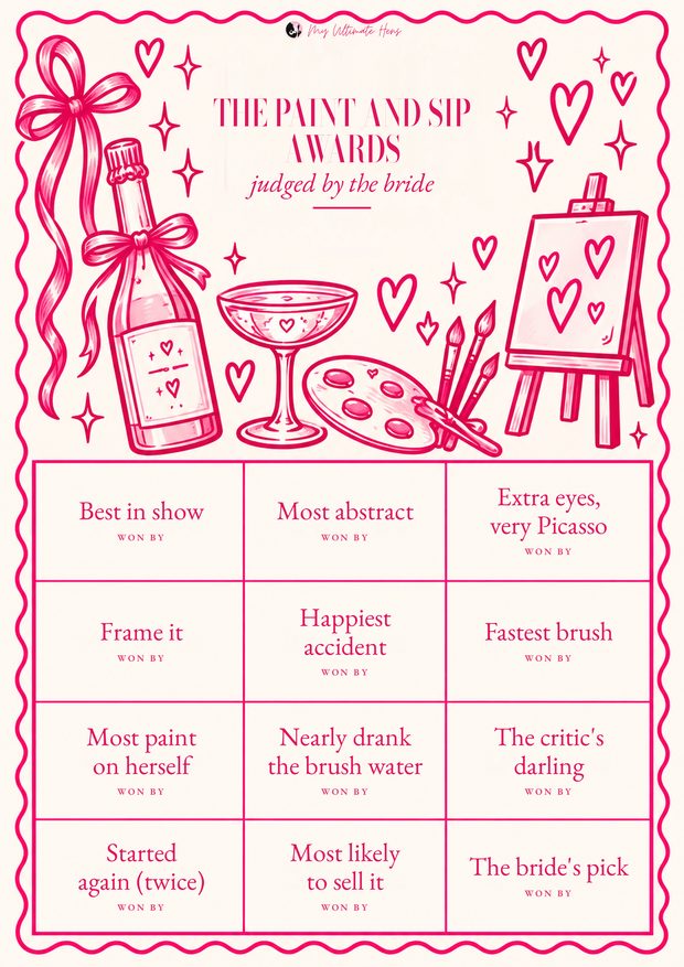 Paint and sip hens awards sheet with twelve awards, hot pink