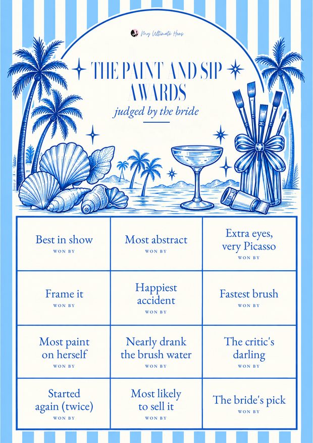 Paint and sip hens awards sheet, blue riviera stripes