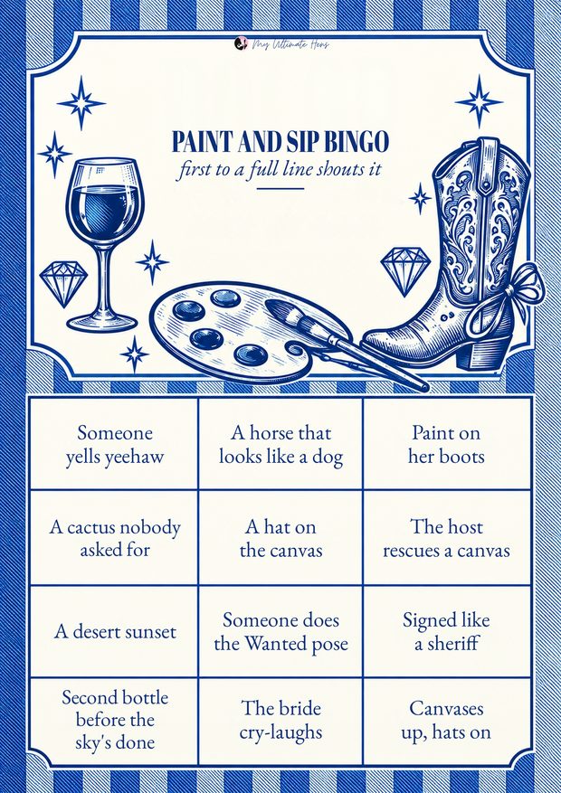Cowgirl paint and sip bingo card, navy with a cowboy boot
