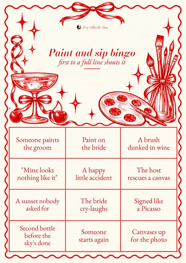 Paint and sip hens bingo card with twelve squares, red ribbons and cherries